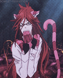 a picture of a girl with cat ears and a pink tail is titled scarlet perfection