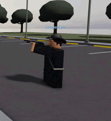 a roblox character is standing in a parking lot with trees in the background .