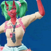 a girl with green hair and horns is wearing a tie and a badge with the letter b on it