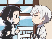 two anime characters are standing next to each other and talking