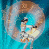 a woman stands in front of a clock with roman numerals xii and ii