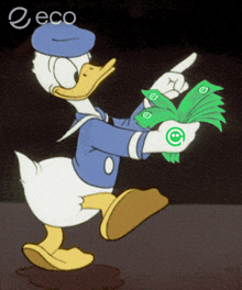 donald duck is holding a bunch of money and pointing at it