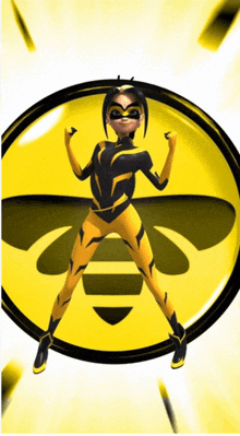 a girl in a bee costume is standing in front of a yellow circle with a bee on it