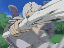 a cartoon character is holding a sword in his hand in a field .