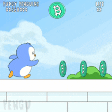 a penguin holding a coin with the letter b on it in a video game