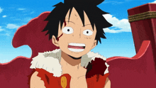 monkey d luffy from one piece is smiling with a bloody arm
