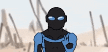 a cartoon of a man in a blue suit with blue eyes standing in the desert .