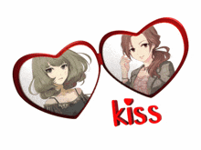 a picture of two anime girls with the word kiss in red