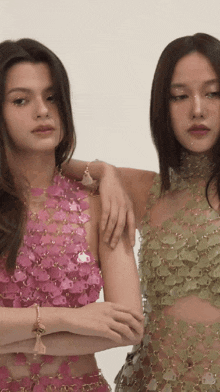 a woman in a pink top and a woman in a green top are posing for a picture