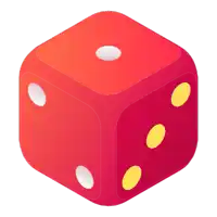 a red dice with white dots and yellow dots on each side