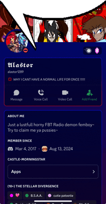 a screenshot of a person 's profile that says alastor