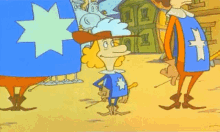 a cartoon of three musketeers standing next to each other in a desert .