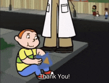 a cartoon of a boy sitting on the sidewalk saying " thank you "