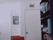a blurry photo of a room with a globe on the shelf