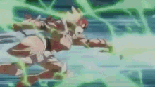 a person is flying through the air with a green light coming out of their hand .