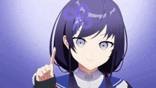 a girl with a purple flower in her hair points her finger up