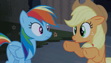 rainbow dash and applejack are standing next to each other and looking at each other