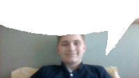 a young man with a white speech bubble above his head