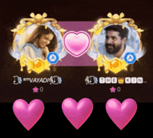 a man and a woman are surrounded by pink hearts and the name the king