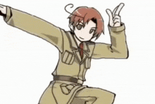 a cartoon character is giving a peace sign with his hands