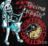 a cartoon of a skeleton holding a guitar with the words terima kasih on the bottom