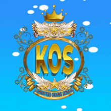 a gold kos logo with a crown and stars on a blue background