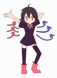 a drawing of a girl in a black dress with red and blue arrows behind her