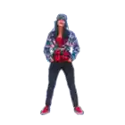 a woman wearing a plaid shirt and a baseball cap jumps in the air