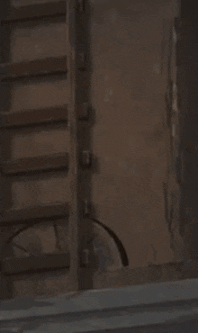 a cartoon character is walking down a set of stairs in a dark room .