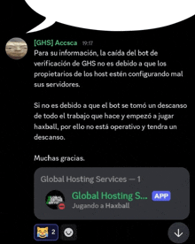 a screenshot of a chat with a global hosting services app