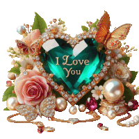 a heart shaped jewel with the words i love you surrounded by flowers and butterflies