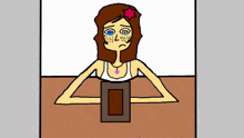 a cartoon of a girl sitting at a table with her arms crossed