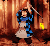 a cartoon of a man holding a sword with the letter a in the background