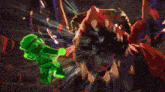 a green ninjago character is glowing in the dark and has a red background