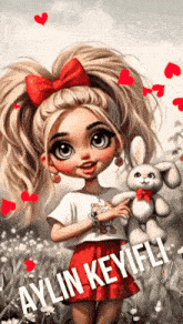 a girl with a red bow is holding a stuffed rabbit and the name aylin keyifli is on the bottom