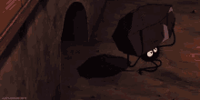 a cartoon character with big eyes is sitting on a rock next to a tunnel .