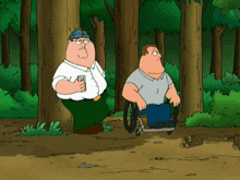 peter griffin standing next to a man in a wheelchair in the woods