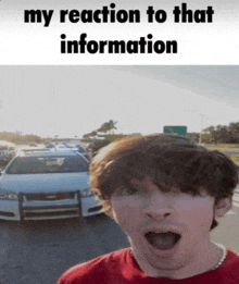 a man with a surprised look on his face is standing in front of a white car with the words " my reaction to that information "