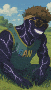 a man with lightning coming out of his body is wearing a gang shirt