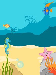 a cartoon illustration of a seahorse a starfish and fish