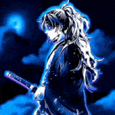 a drawing of a person holding a sword with a purple background