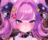 a girl with purple hair has a skull on her head and a heart on her hair