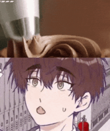 a close up of a person 's face next to a picture of chocolate frosting being poured on a cake .