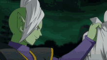 a cartoon character with green hair and a purple shirt is standing next to another character