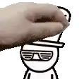 a hand is touching the face of a cartoon character wearing sunglasses .
