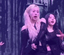 two women are standing next to each other on a stage in front of a microphone .