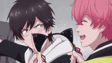 two anime characters one with black hair and the other with pink hair are standing next to each other