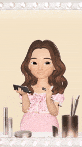 a cartoon girl is applying makeup to her face