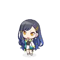 a cartoon girl with long blue hair and yellow eyes is wearing a jacket and shorts .