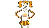 a girl with pigtails is holding a stack of pancakes on her chest